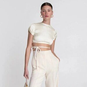 Orseund Iris Champagne White "Le Club" Cropped Satin Short Sleeve Top sz m